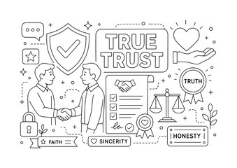 Fototapeta premium Trust Honesty Values. Banner line art composition featuring a trust and credibility scene spread across the full canvas, two friends shaking hands beside an oversized shield and large promise