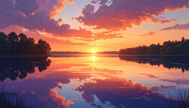 Sunset Over Calm Lake with Perfect Mirror Symmetry