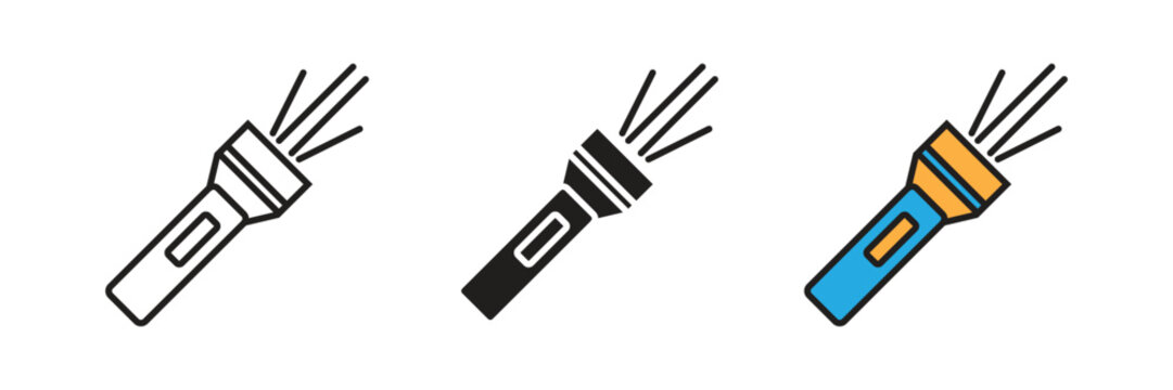 Flashlight Icon. Portable flashlight vector icon set emitting bright light beams, presented in linear outline, solid black, and colorful flat styles.