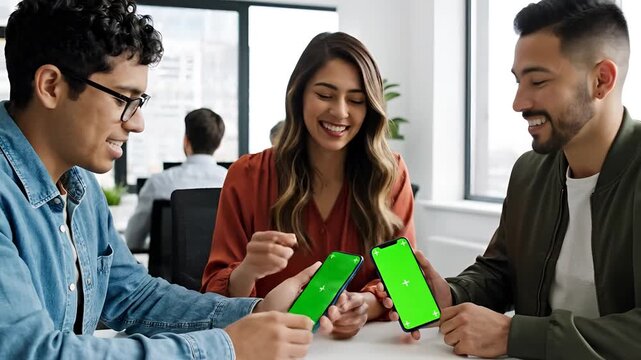 Diverse team collaborating on mobile app development in modern office.