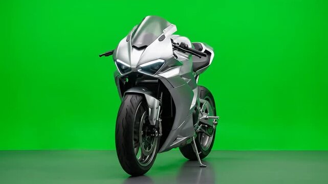 Silver sport bike stands ready on green screen studio floor