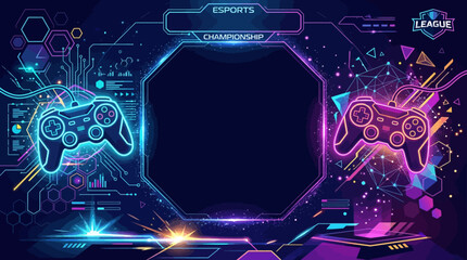 Futuristic gaming flat vector background, neon controllers and cyber geometric elements, dark empty center for esports poster   © Maftuh