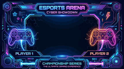 Futuristic gaming flat vector background, neon controllers and cyber geometric elements, dark empty center for esports poster   © Maftuh