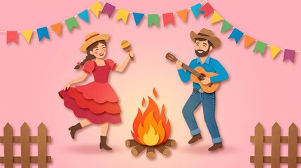 Fototapeta premium Festa junina celebration with couple dancing by bonfire