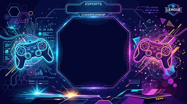 Futuristic gaming flat vector background, neon controllers and cyber geometric elements, dark empty center for esports poster

