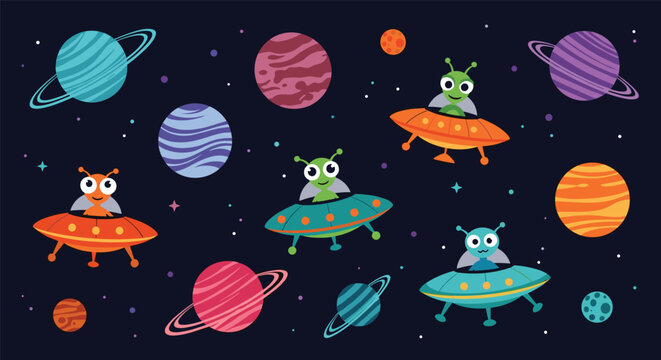 Fun space themed illustration for kids with cute green and blue aliens in colorful flying saucers traveling through planets and stars.