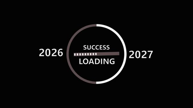 Loding bar from 2026 to2027 new year  transfer animation. Almost reaching New year,LOding text,alongside a success Loding besiness progress and achieving goals investment ,finance innovation.