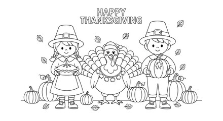 Fototapeta premium Happy Thanksgiving coloring page featuring a pilgrim girl with a pie, a pilgrim boy with a pumpkin, and a cute turkey.