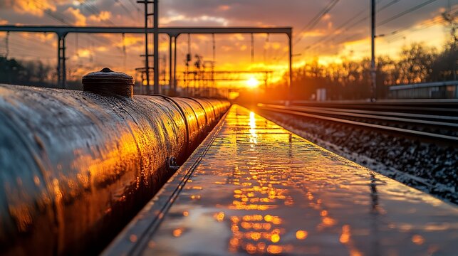 Railway Platform at Sunset Dramatic Sky Reflecting on Wet Surface with Orange Hues.