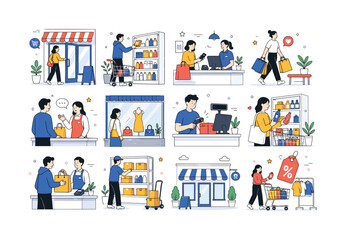 Fototapeta premium Retail Store Shopping. Retail and shopping experience theme and related commerce scenes. 12 minimalist editorial vector scenes: entering local store, browsing shelves for products, paying at checkout