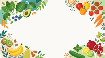 Fototapeta premium Modern healthy food flat vector background, fruits, vegetables and organic abstract elements on corners, spacious copy space center