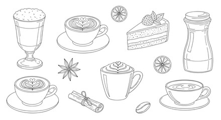 Obraz premium Collection of detailed black and white sketches of various coffee drinks, a slice of cake, and spices on a white background.