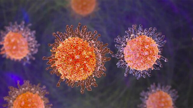 Herpes virus particles, 3D animation showing slowly rotating enveloped virions with icosahedral capsid and surface glycoproteins, illustrating human herpesvirus infection.