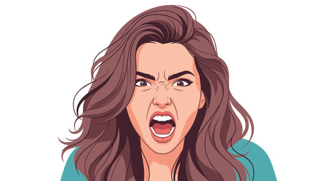 Portrait of a furious woman with long brown hair screaming loudly with an intense angry expression on her face in pop art style.