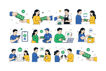 Fototapeta premium Hand Holding Money. Payments and money exchange theme and related transaction scenes. 12 minimalist editorial vector scenes: giving cash payment, receiving money in hand, tipping service worker,