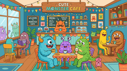 Cute monster cafe with funny creatures drinking coffee, colorful flat vector cartoon illustration   © Maftuh