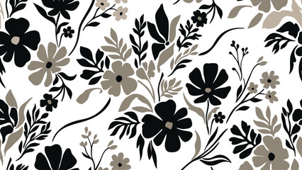 Seamless floral pattern with black and beige hand-drawn botanical silhouettes on a white background. Modern repeating vector illustration for textile, fabric, and wallpaper design. © Robich Art