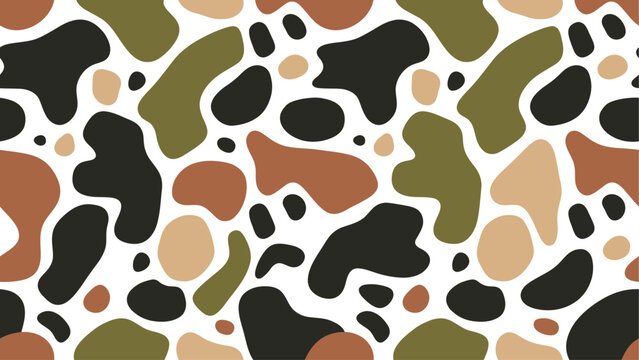 Seamless camouflage pattern with abstract organic shapes in green, brown, and beige. Vector modern camo background.
