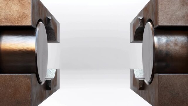 画面を覆う重厚な工業用万力が中央から白く消滅していくトランジション背景映像