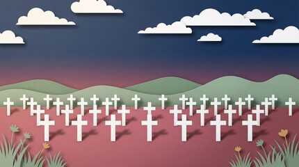 Naklejka premium D-Day Anniversary Layered Paper Art with Military Memorial Cross Field Through Rolling Hills and Navy Blue Sky, Premium Solemn Tribute Banner 16:9