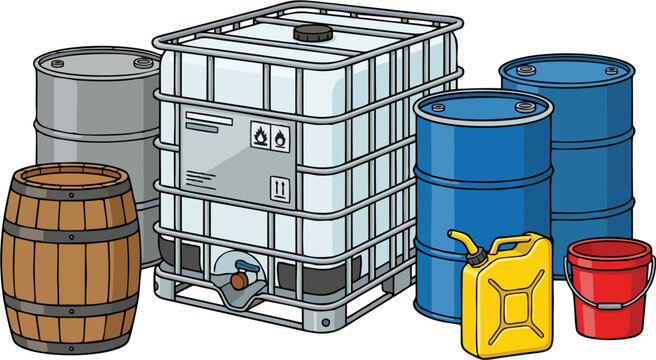 Industrial Liquid Storage Containers Set with IBC Tote, Oil Drums, Wooden Barrel, Jerrycan and Bucket