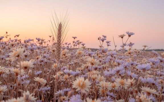 Cosmos field with wheat stalk at sunset rural landscape