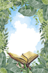 Fototapeta premium Beautiful watercolor Islamic background featuring an open Quran on a wooden stand with prayer beads, surrounded by lush green foliage and soft blue sky clouds. Elegant vertical frame design with ample