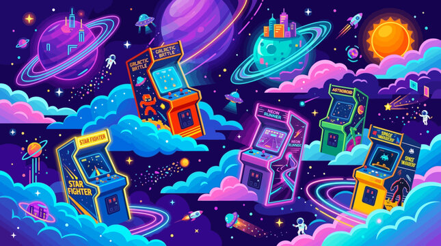 Retro arcade machines floating among clouds and neon planets, colorful futuristic flat vector illustration

