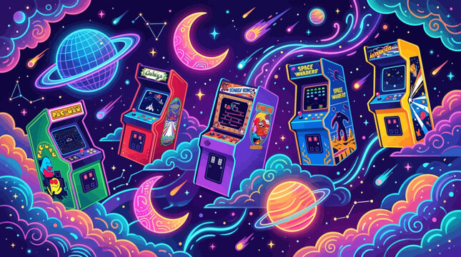 Retro arcade machines floating among clouds and neon planets, colorful futuristic flat vector illustration

