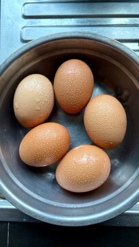 Close up 5 eggs is in the metal pot , breakfast meal.