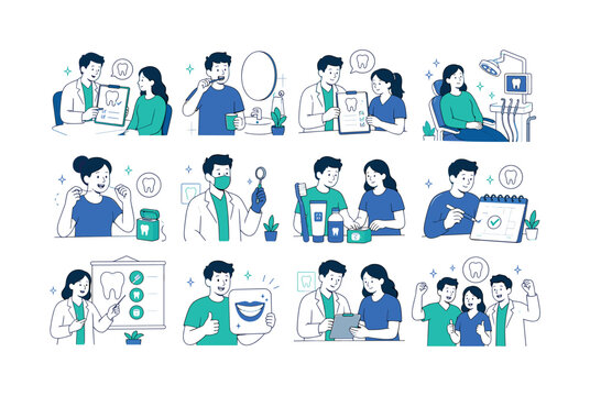 Tooth Dental Care. Tooth, dental health, dentist, oral hygiene, toothbrush, floss, dental clinic, checkup, smile care, clean teeth, treatment plan, prevention routine. 12 minimalist editorial vector