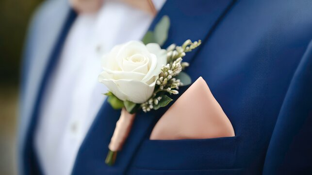 A white rose boutonniere pinned to the lapel of a navy blue suit jacket, a pocket square adds a touch of sophistication.