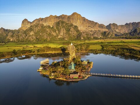 Aerial of the Kyauk Kalap pagoda, Hpa-An, Kayin state, Myanmar, Hpa-an Township, Kayin State, Myanmar