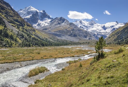 Glacier stream in the Roseg Valley, Val Roseg with Piz Roseg, Piz Gl&uuml;schaint and Roseg Glacier, Pontresina, Bernina Alps, Upper Engadine, Engadine, Grisons, Switzerland