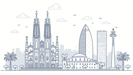 Fototapeta premium Minimalist barcelona skyline illustration featuring iconic sagrada familia architecture and modern city landmarks in a clean linear vector design style for travel