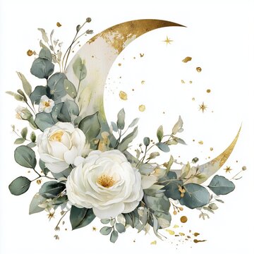 Watercolor illustration of gold crescent moon with white roses and eucalyptus leaves gold stars and splashes isolated on white background