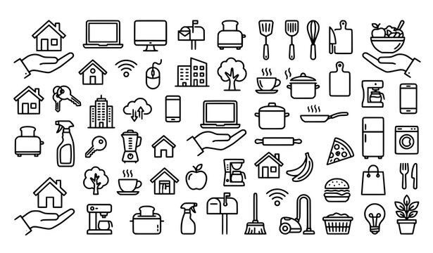 Creative lifestyle outline vector icon set with house kitchen and technology symbols