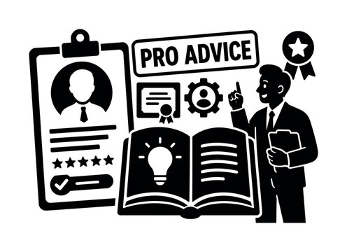 Expert Knowledge Advice. Clean solid filled banner composition showing one oversized expert profile badge stretching from left edge, one specialist character near right edge, a large knowledge book