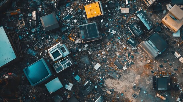 An aerial view of a pile of discarded electronics, showing the impact of electronic waste.
