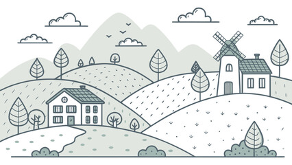 Naklejka premium Scandinavian inspired hillside village with simple house and windmill