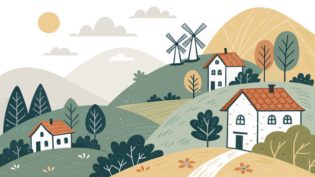 Scandinavian inspired hillside village with simple houses windmill and rolling green hills under sunny sky