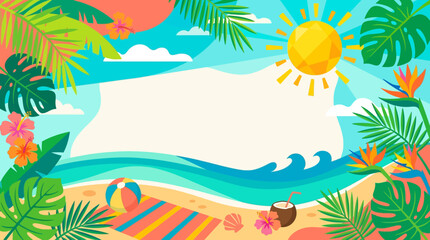 Obraz premium Bright tropical flat vector background, palm leaves, sun and beach inspired abstract shapes, spacious center for travel or sale poster