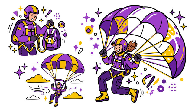 Parachuting adventure: People skydiving with colorful parachutes and equipment