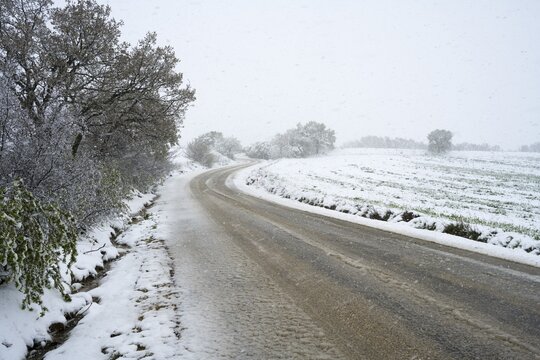 Snowy country road with snow-covered trees and fields on a cold winter day, April, Pasayigit, Paşayiğit, Edirne Turkey