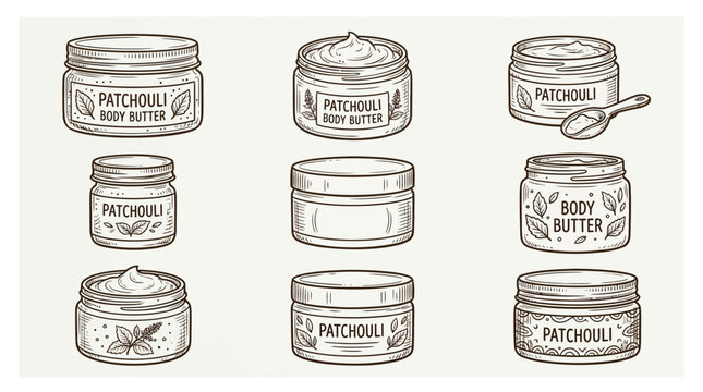 Set of cosmetic jars with patchouli butter, hand-drawn vector illustration