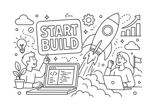 Startup Development Launch. Banner prompt, clean outline line art composition showing a large oversized rocket launching diagonally from lower edge to upper edge, two startup founders beside a giant