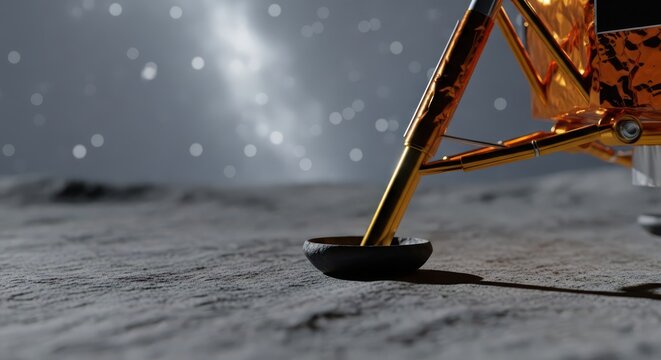 Detailed macro view of a lunar lander leg on the Moon's surface, showcasing advanced space exploration technology