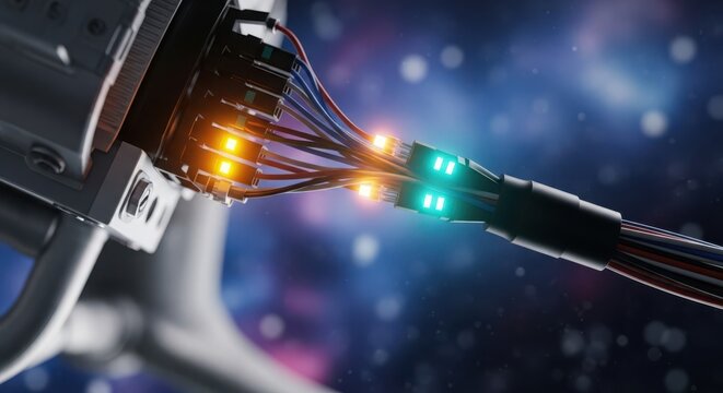 Intricate futuristic avionic circuitry with glowing lights against a cosmic nebula background
