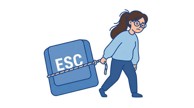 Exhausted woman dragging large keyboard escape key with rope