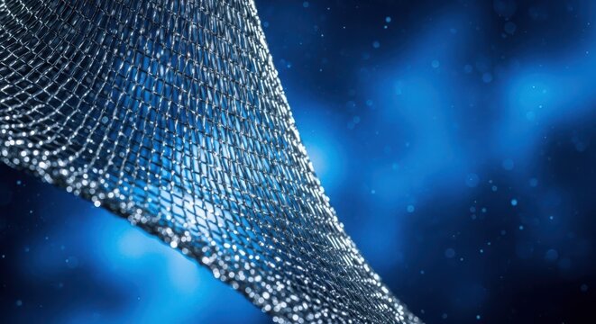 Detailed metallic mesh structure with reflective surface against a deep blue cosmic background